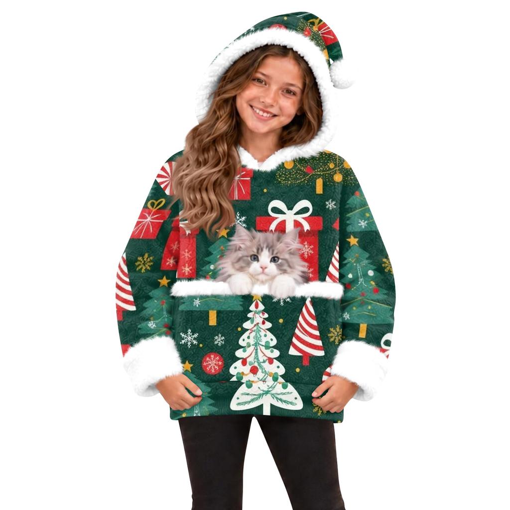 Children's Casual Christmas Tree Print Hooded Top with Large Pet Pocket for Everyday Wear