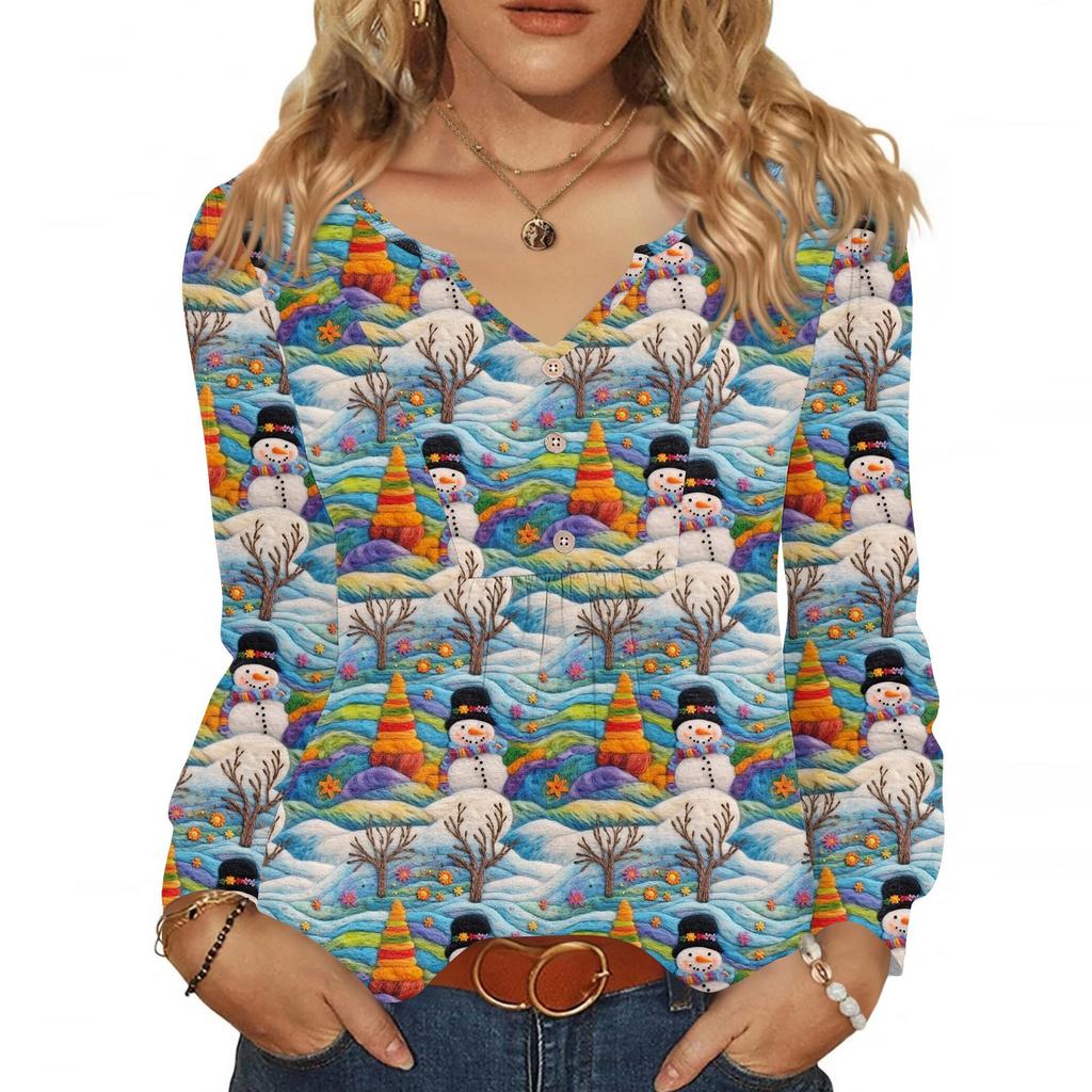 Women's Fashionable Casual V-neck Blouse Button Christmas Printed Long-sleeved Pullover T-shirt Top