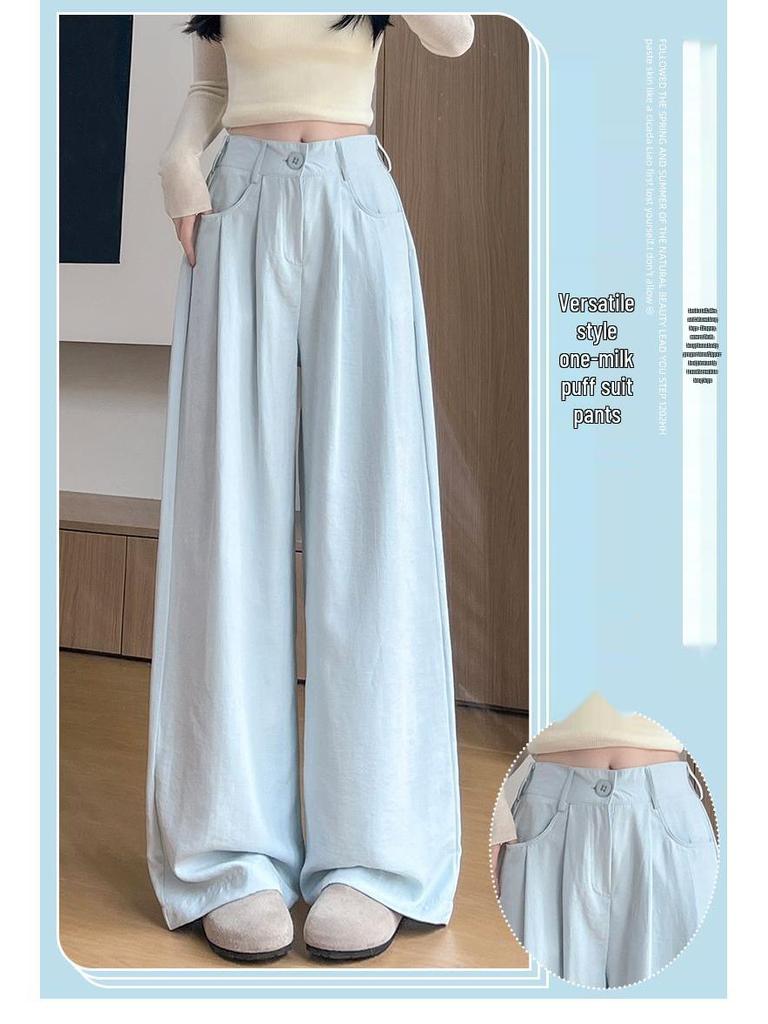 Damen High Waist Blaue Milch Puff Hose - Sommer 2026 Schlankmachende Weiter Bein mit Eis-Drapierung