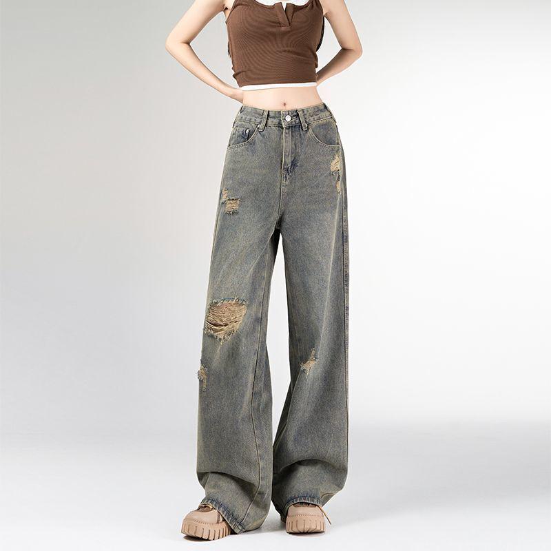 

Petite Retro Ripped Straight-Leg High-Waist Jeans - Summer Thin, Versatile, Loose Fit XS