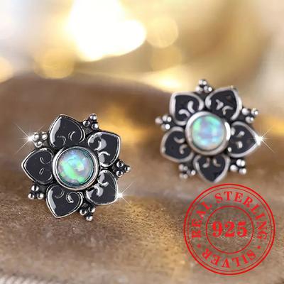 Real Sterling Silver Vintage Flower Women’s Stud Earrings Aesthetic Elegant Ear Accessories Exquisite Party Jewelry