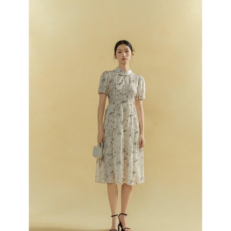 Gejin Elegant Printed Stand-Collar Short-Sleeve Midi Dress L