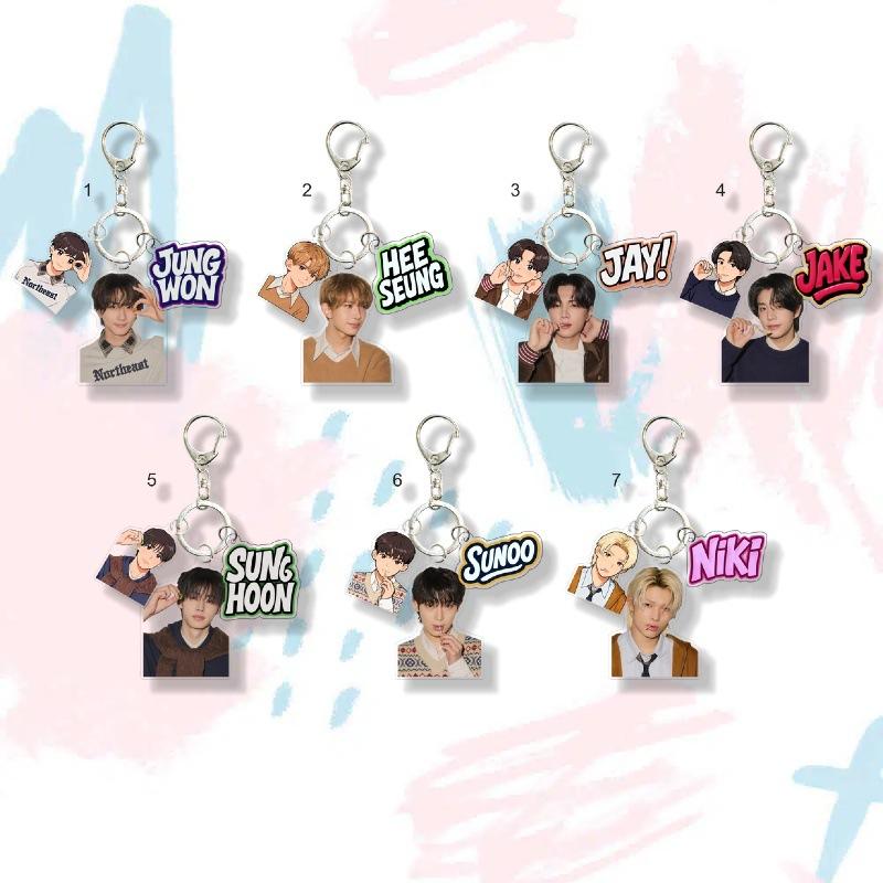 ENHYPEN Triple-Charm Acrylic Keychain, Idol Photo + Matching Cartoon + Nameplate Bag Pendant, Engene Fans Kpop Collectible Accessory