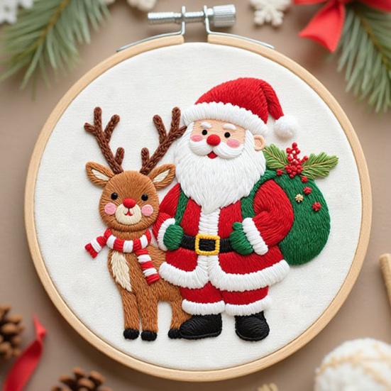 Christmas Cross Stitch Kit for Beginners Embroidery DIY Material Package with Hoops Colored Threads