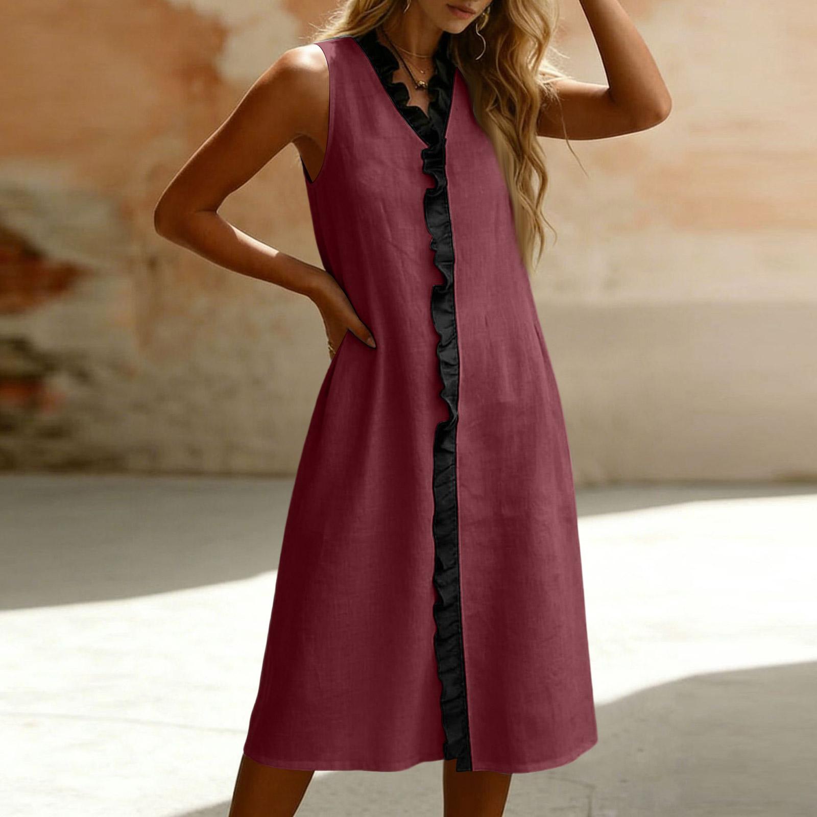 

Women’s Sleeveless Ruffle Trim Cotton Linen Midi Dress with Contrasting Edges Elegant Casual Mid Length Sundress XL винний