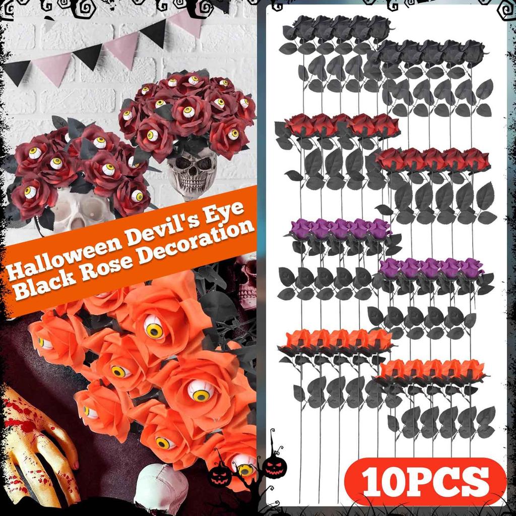 10pcs Halloween Devil Eye Black Rose Decoration With Eyeball Bouquet Fake Rose