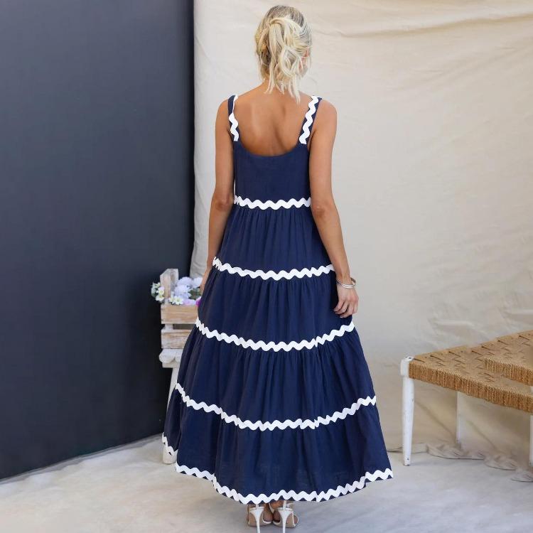 Sommer Dame Ermeløs Svingkjole Casual A-linje Stroppeløs Lang Camisole Seleskjørt Bølge Høy midje Kjoler Vår S-XL