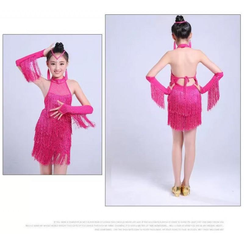 Girls Latin Dance Dress With Sequins Fringe Competition Performance Sweet Style