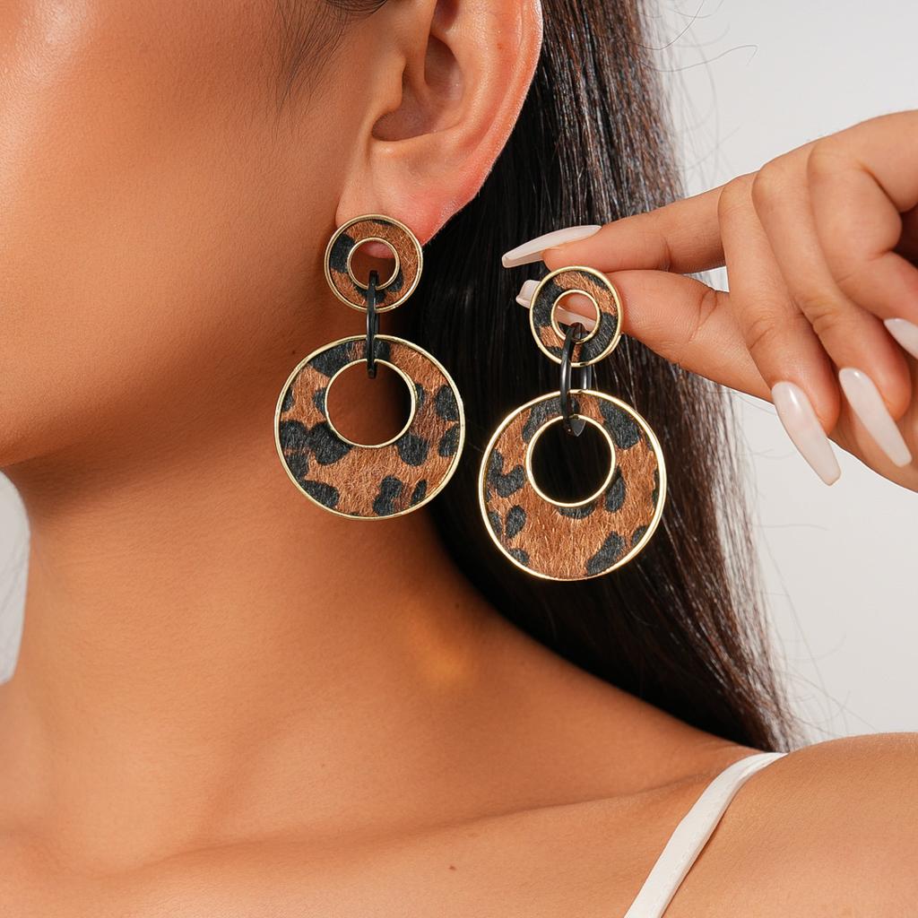 Maillard Flocking Leopard Print Hollow Round Silver Needle Earrings Autumn and Winter Geometric Fashion Earrings