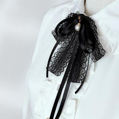 Black Lace Ribbon Bow Tie Pearl Pendant Brooch Women Shirt Collar Clothes Necktie Decoration Accessories