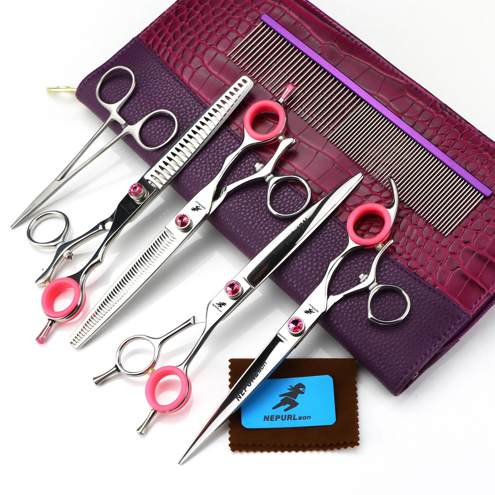 7.5  Napsen Pet Grooming Scissors Set - Rotating Handle, Straight, Curved, Fishbone Tooth Shears, 4 Pieces