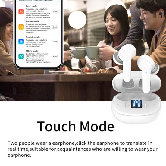 Språkoversetter ørepropper Høy nøyaktighet Stereolyd Sanntidsoversettelse IPX6 Vanntett Instant Translator Trådløse øretelefoner
