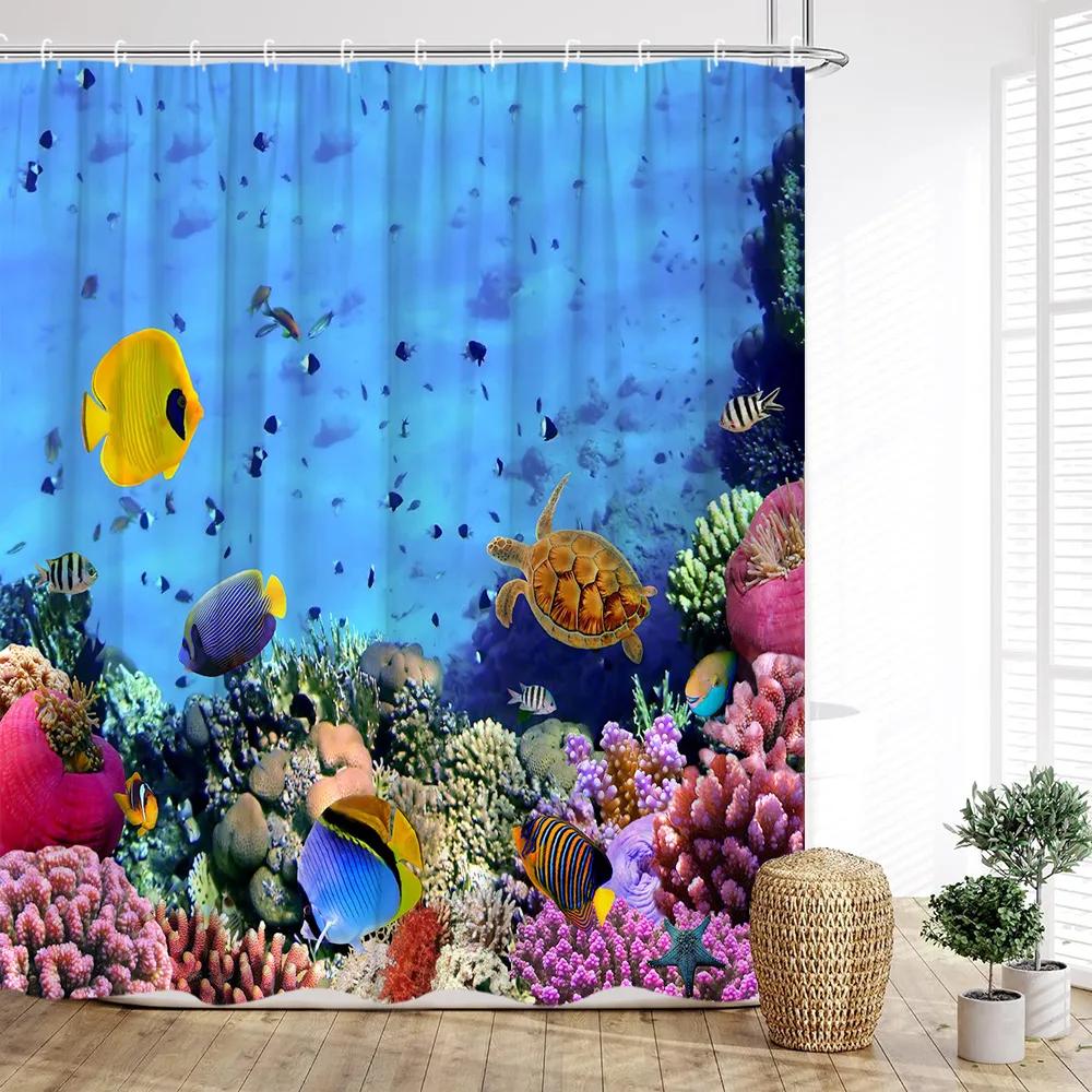Ocean Animal Shower Curtain, Underwater Whale Coral Tropical Fish Wave Fish Blue Kids Boys Print Bathroom Decoration