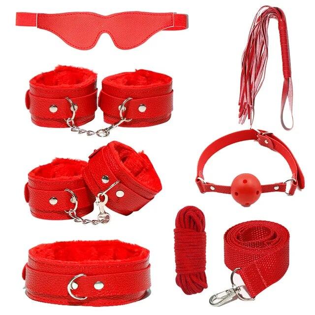 7pcs/set PU Leather SM Bondage Set Sex Handcuffs Footcuffs Whip Rope Eye Blindfold Adult Games Erotic Toys Couples Products Shop