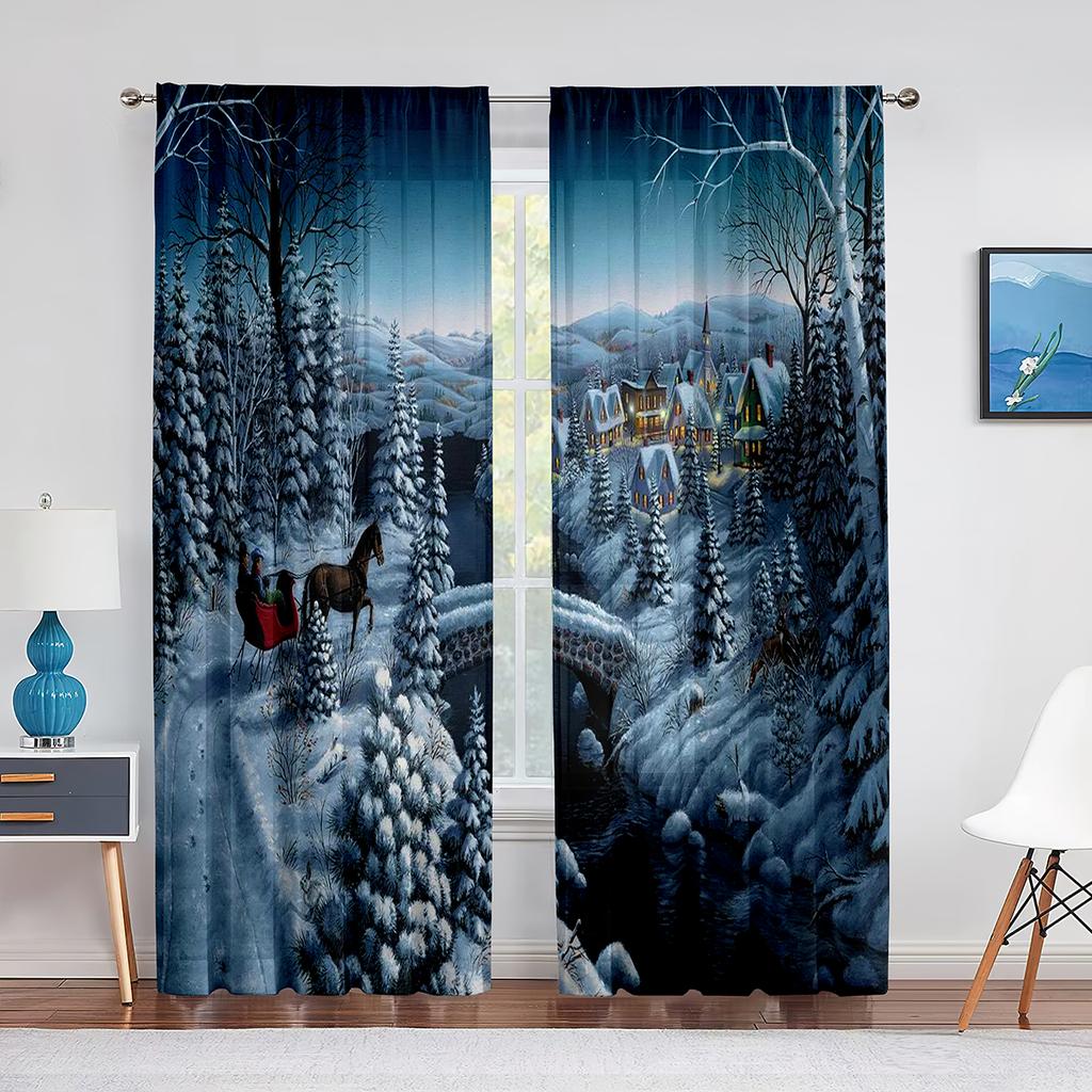 Winterwald-Berglandschaft mit schneebedeckten Bäumen, transparente Voile-Vorhänge für Wohnzimmer, Schlafzimmer, Tüllvorhänge, Fensterbehandlungen