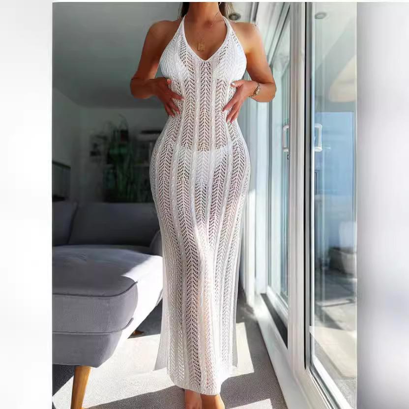 Women's Bathing Suit Cover Up for Beach Pool Swimwear Backless Halter Long Crochet Dress