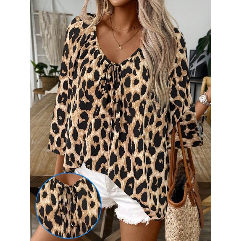 

Весенне-летняя мода V-образный вырез плиссированный пуловер топ с леопардовым принтом рукав три четверти женские блузки и рубашки XXL хаки