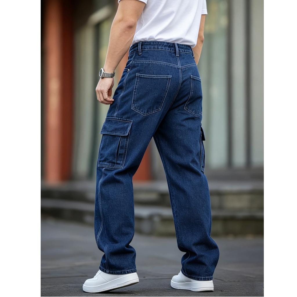 New Men's Dark Blue Tooling Jeans Loose Straight Multi-pocket American Retro Washed Wide-leg Pants