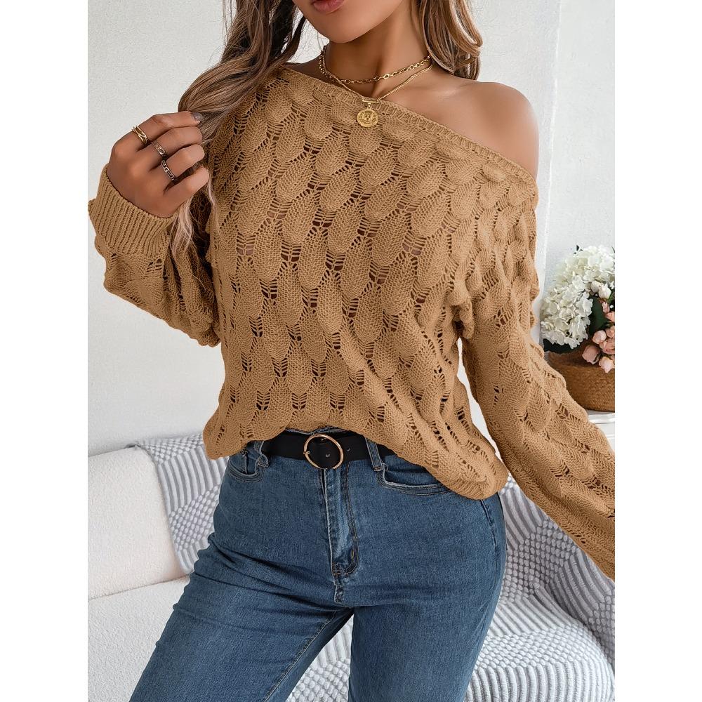 Autumn/Winter Women's Knitted Sweater Casual Feather-Patterned Openwork Off-the-Shoulder Sweater Featuring Bell Sleeves