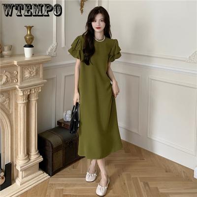 Vestidos de Verão com Manga Bolha Moda Francesa Delicada Cintura Alta Elegante Cor Sólida Vestidos Longos