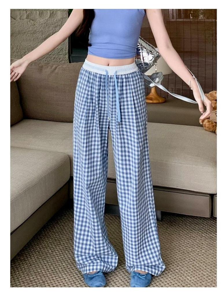 Petite Pink Plaid High Waist Wide Leg Summer Trousers for Women