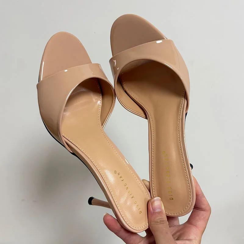 Fashion Elegant Thin High Heel Women Slippers Sexy Peep Toe Slides Sandals Patent Leather Wedge Heeled Sandals Summer Party Dress Shoe