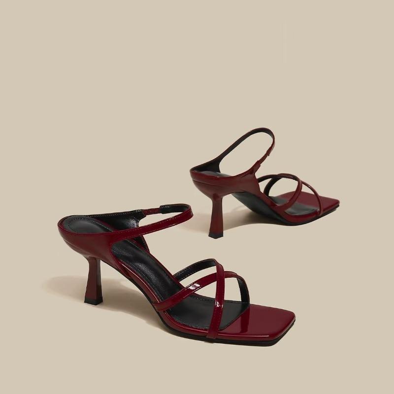 Fashion New Wine Red High Heels Sandals for Women Square Toe Bowtie Decor Summer Outdoor Slippers Woman Thin Heeled Party Wedding Shoes