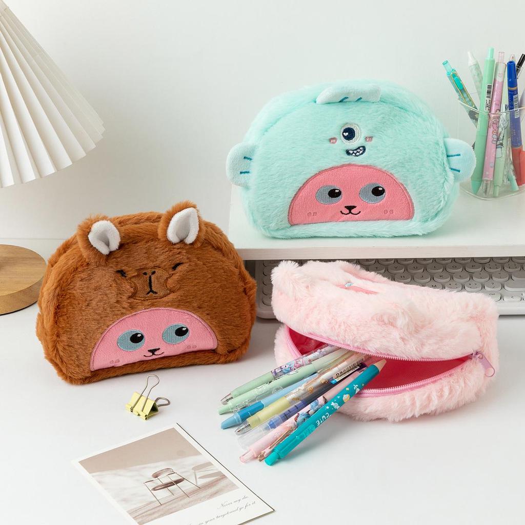Plush Loopy Pencil Case: Cute Japanese Cartoon Stationery & Large Capacity Makeup Bag - Small Beaver Design