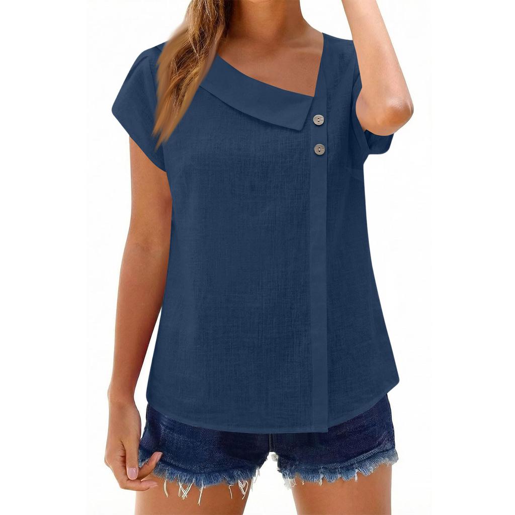 Womens Cotton Linen Tops Asymmetric Neck Short Sleeve Shirts With Buttons