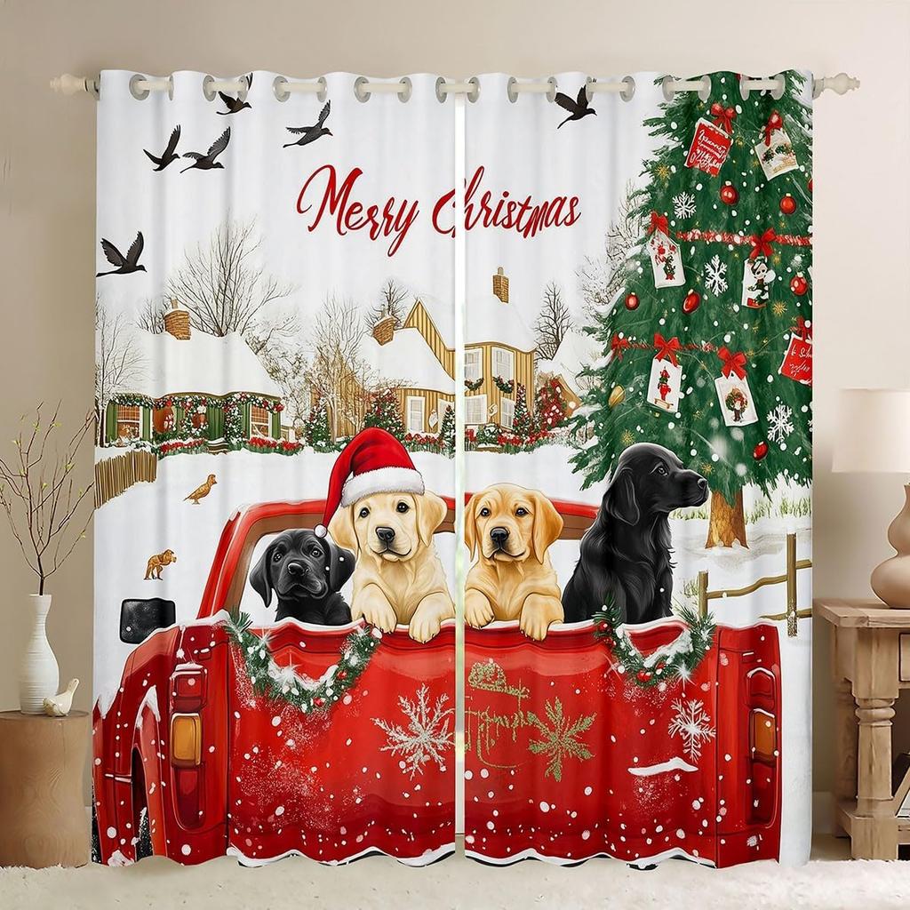 Christmas Curtains Xmas Decor Drapes Kids Boys Girls Adults Cute Cartoon Pet Puppy Dogs Window Curtain With Blackout Polyester