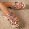 Fashion Summer New Round Head Cover Toe Metal Buckle Print Soft Sole Anti-slip Wear-resistant Flat Slippers Slope Heel Sandals