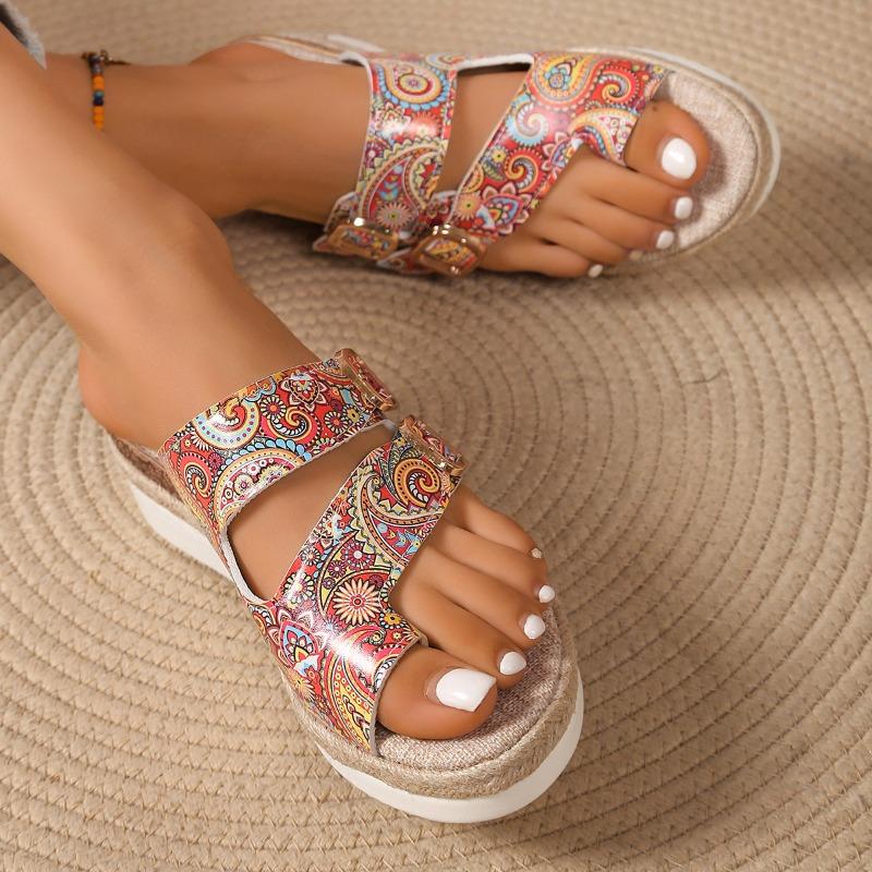 Fashion Summer New Round Head Cover Toe Metal Buckle Print Soft Sole Anti-slip Wear-resistant Flat Slippers Slope Heel Sandals