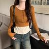 Maillard Color-blocked Fake Two-piece Slim-fitting Bottoming Shirt for Women In Autumn and Winter with Half-open Collar Long-sleeved Inner T-shirt Top
