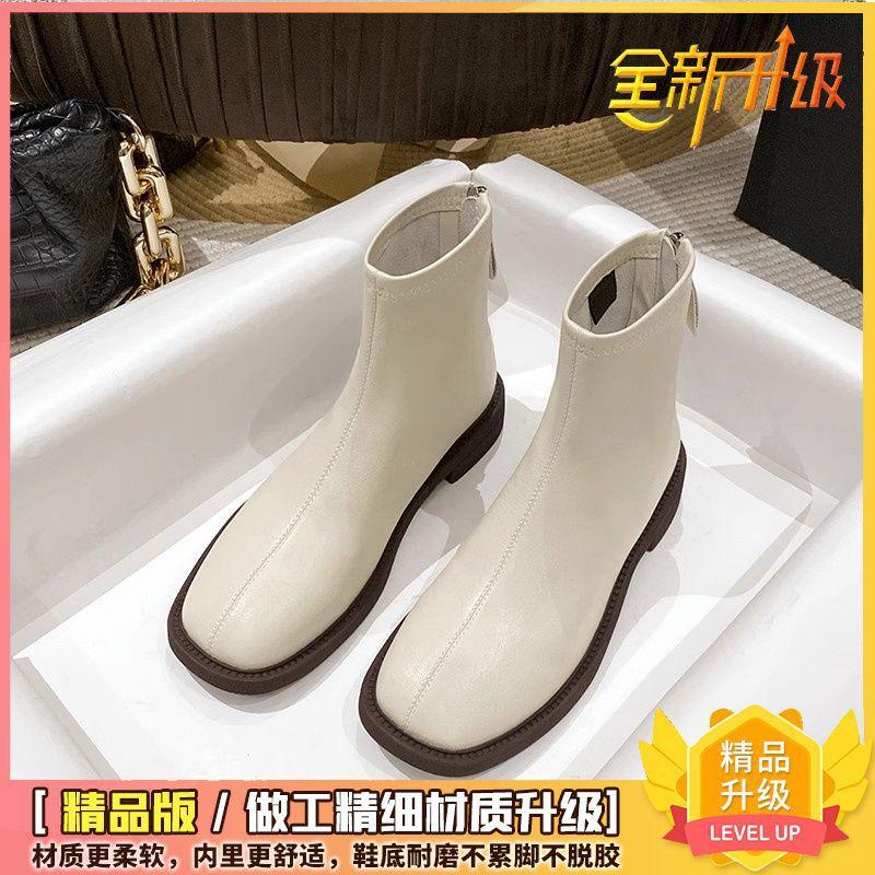 One kick of the Korean heroine, new back zipper flat skinny boots, boots, women's French off-white ankle boots, women