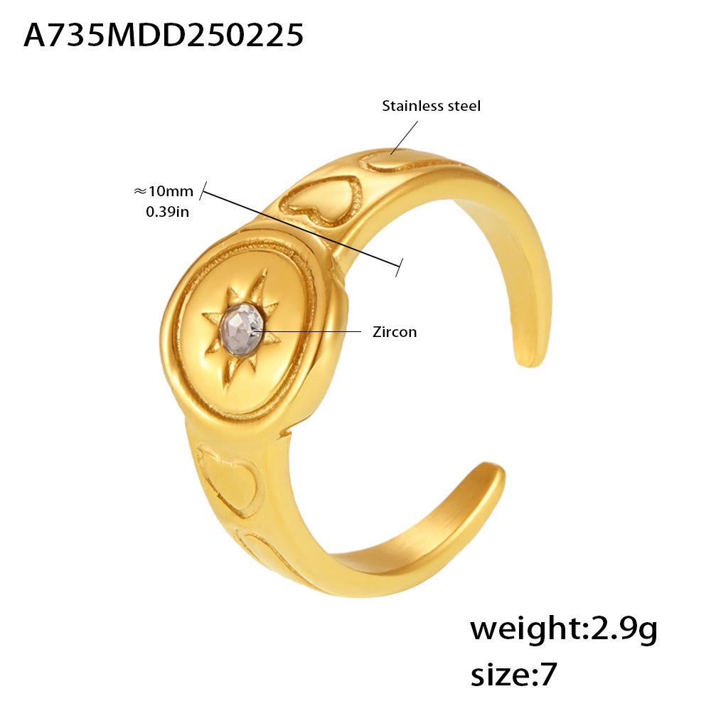 Qiong Yao Heart Ring: European & American Design, Stainless Steel with Zircon Inlay, 18K Gold Electroplated, Niche Open Style. Size 7