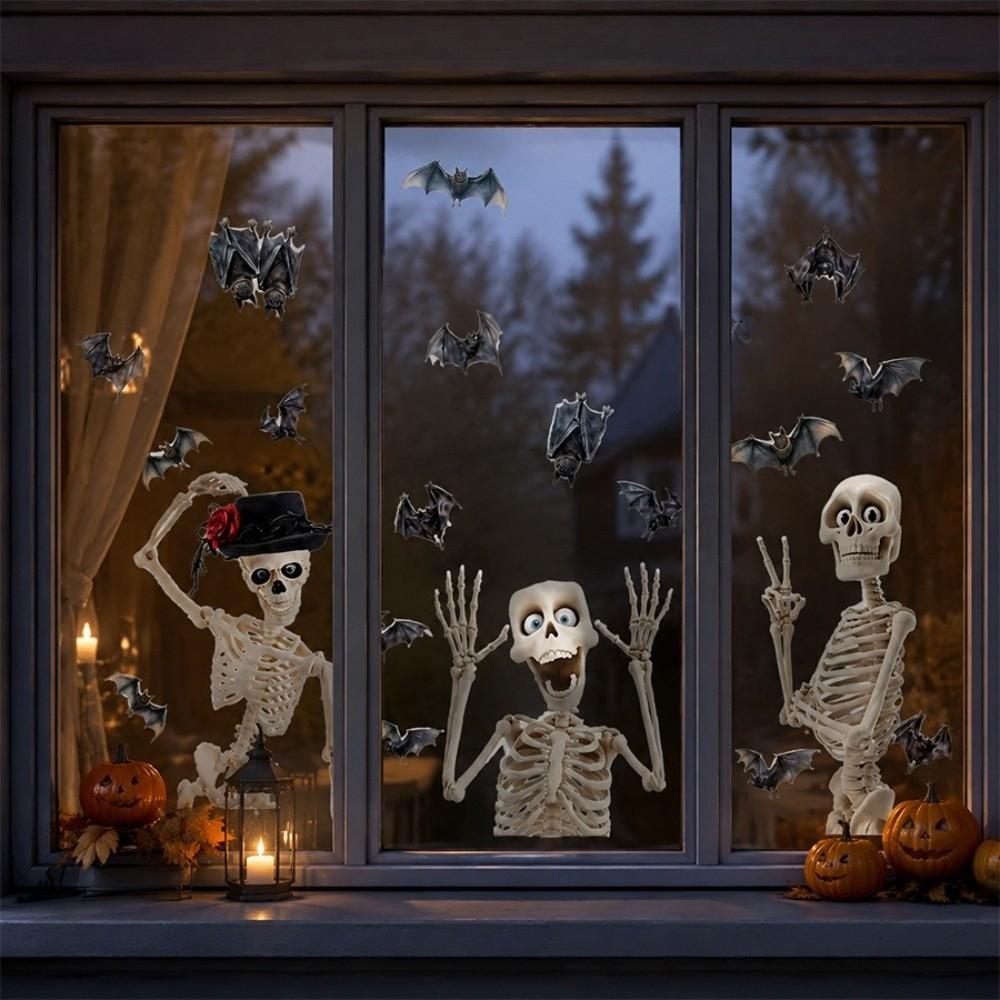 4Pcs Removable Halloween Skeleton Window Stickers Non-Adhesive PVC Bat Skeleton Static Stickers Spooky Waterproof