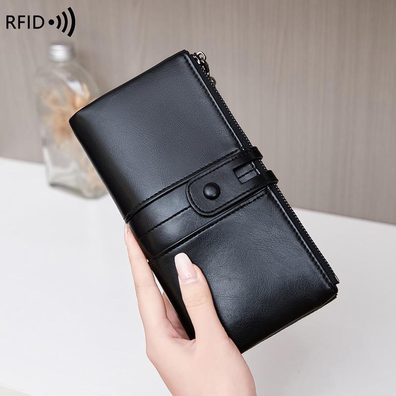 Women's RFID Retro Long Wallet: Large Capacity, Multi-Card Slot & Snap Button Closure Coin Purse