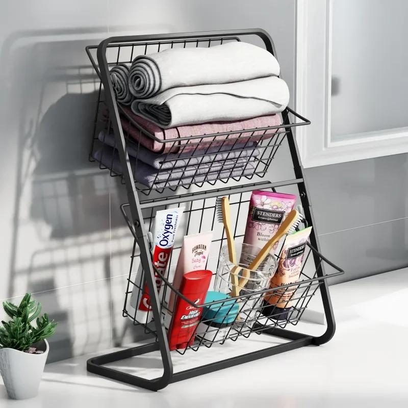 Double Layer Iron Storage Shelf Rack for Kitchen Seasoning Organizer Fruits Holder Assembly Bathroom Cosmetic Storage Basket