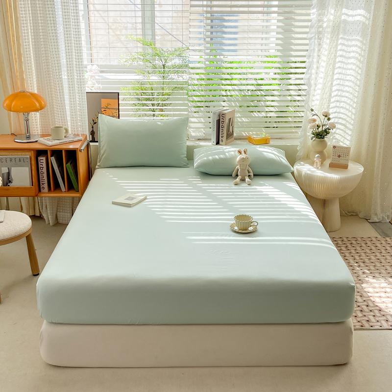 Simple Solid Color Blue Fitted Sheet Set 3Pcs Japanese Style Mattress Cover Skin-friendly Breathable Queen Size Bedding Set