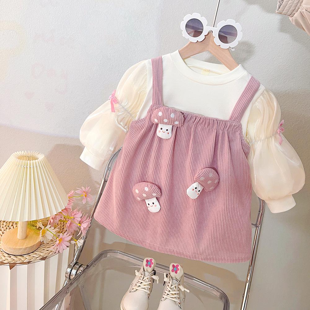 Spring Baby Girl Princess Dress Cute Mushroom Cartoon Round Neck Camisole Spliced Fake Two Piece Stylish Party Outfit