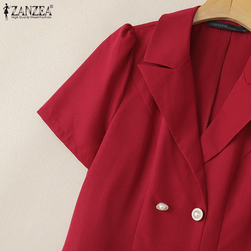 ZANZEA Damen Casual Turn Down Kragen Lose Kurzarm Plissee Kleid