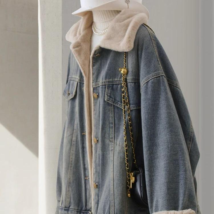 Women's Velvet-Lined Denim Jacket - Winter 2025 Korean Style, Unique Design