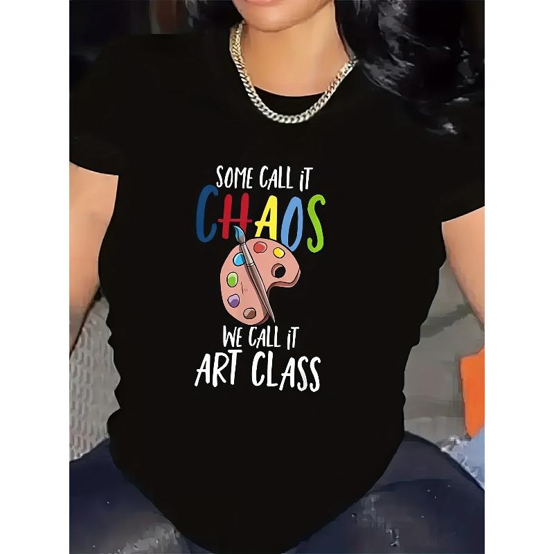 

European sizes Graphic Print T-shirt, Short Sleeve Crew Neck Casual Top for Summer & Spring, Women s Clothing 4XL чорний