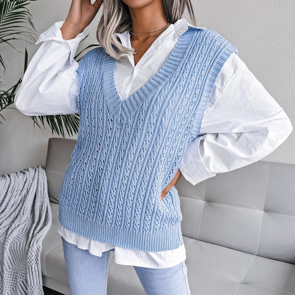 College Casual Loose Knit Vest Fashion Women's Hollow V-neck Sweater