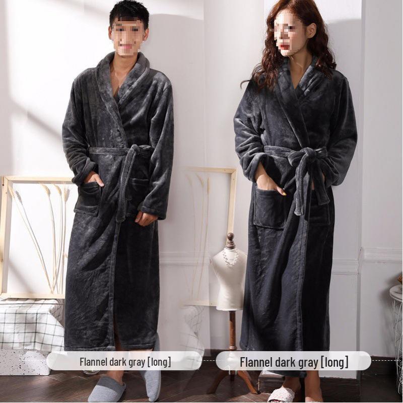 Women's & Men's Coral Fleece Bathrobe - Spring/Autumn, Thick Flannel, Long Couples Robe