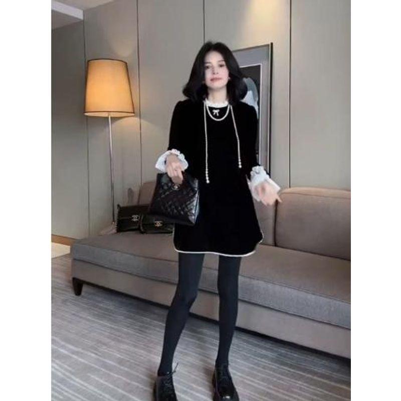 Feminine Black Dress! Lace Edge Small Horn Long Sleeve Pleuche Cocoon Shaped Pearl Edge Dress Spring & Fall Winter Skirt