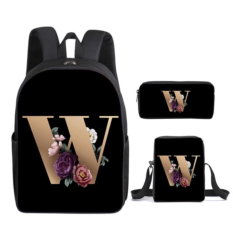 Fashion Novelty Flower letters A-Z 3D Print 3pcs/Set pupil School Bags Laptop Daypack Backpack Inclined shoulder bag Pencil Case