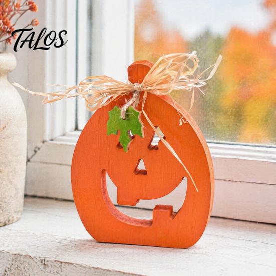 Wood Hollow Smile Face Decor Halloween Indoor Wooden Pumpkin Table Sign, Spooky Tabletop Block Fall Tiered Tray Centerpiece for Office Home