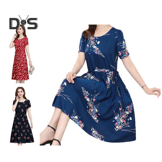 Abito Estivo da Donna con Stampa Floreale Boho Manica Corta Girocollo Abito Midi Vita con Coulisse Fluido A-Line Abito da Spiaggia