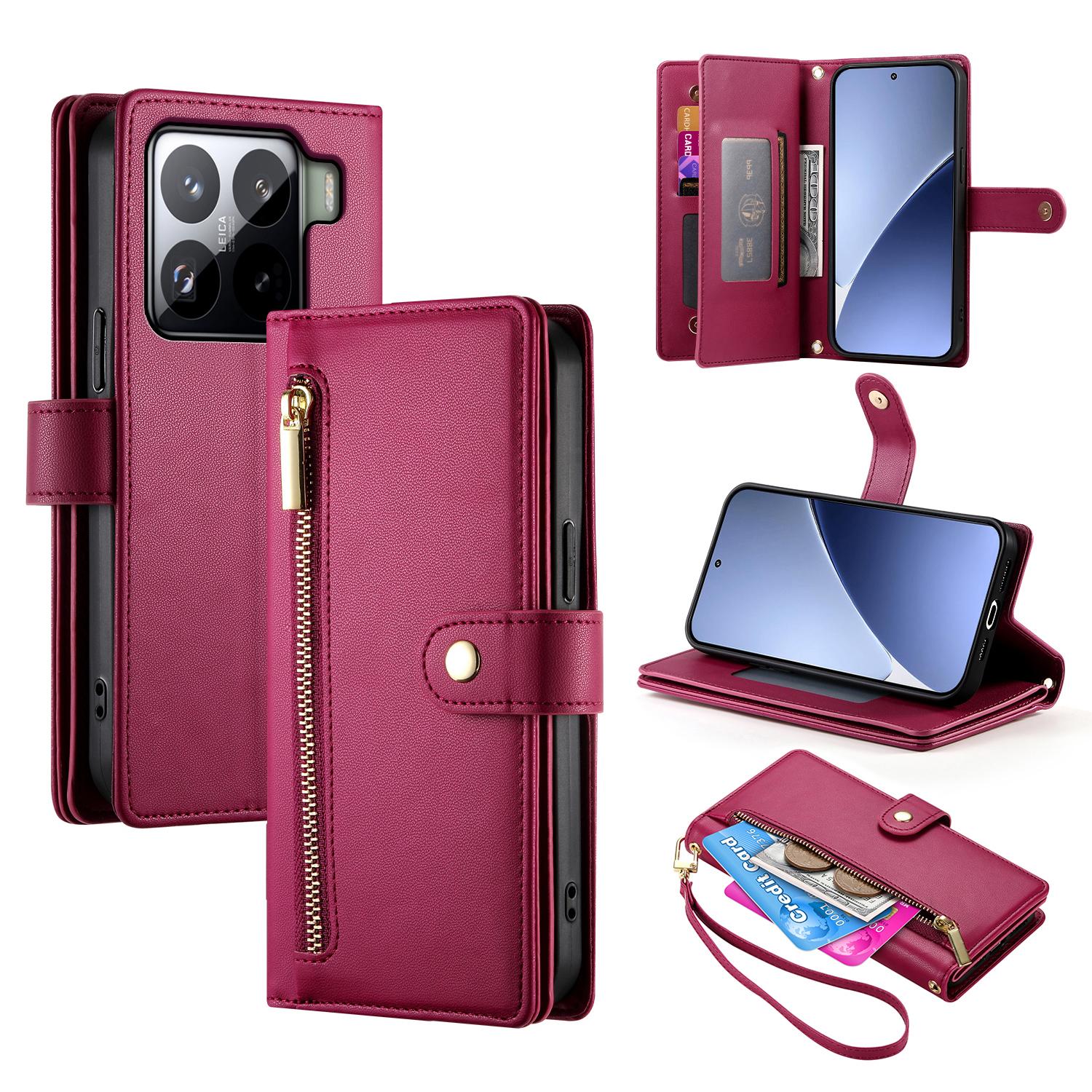 

DF-011 Чехол для Xiaomi 15 Pro Кожаный чехол-кошелек с карманом на молнии и ремешками Red